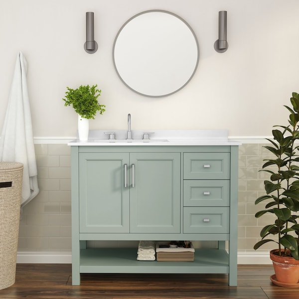 Flash Furniture Vega 42 Inch Vanity w/Sink, Storage Cabinet w/Soft Close Doors, Open Shelf and 3 Drawers, Sage FS-VEGA42-SG-GG - main